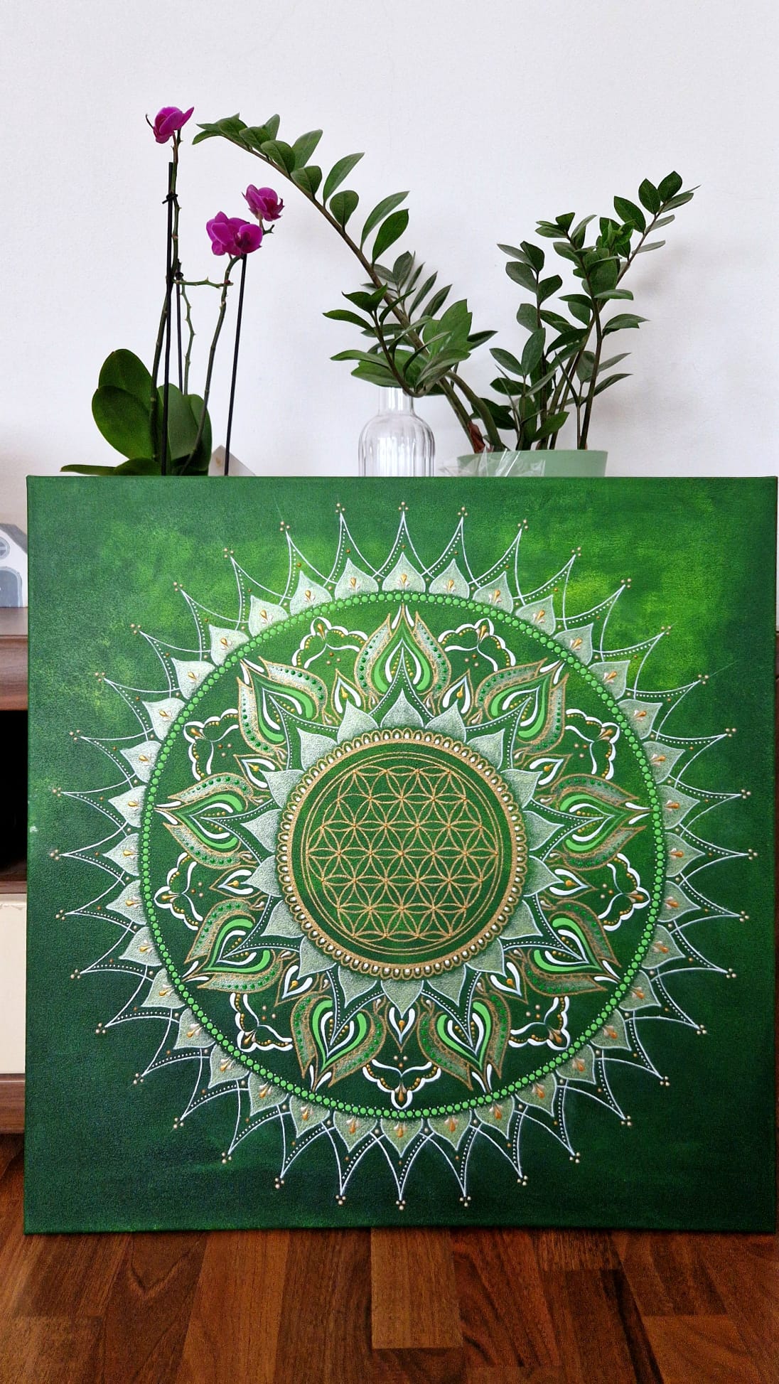 Mandala Zeleno-Zlatá "Květ života" (60x60cm)