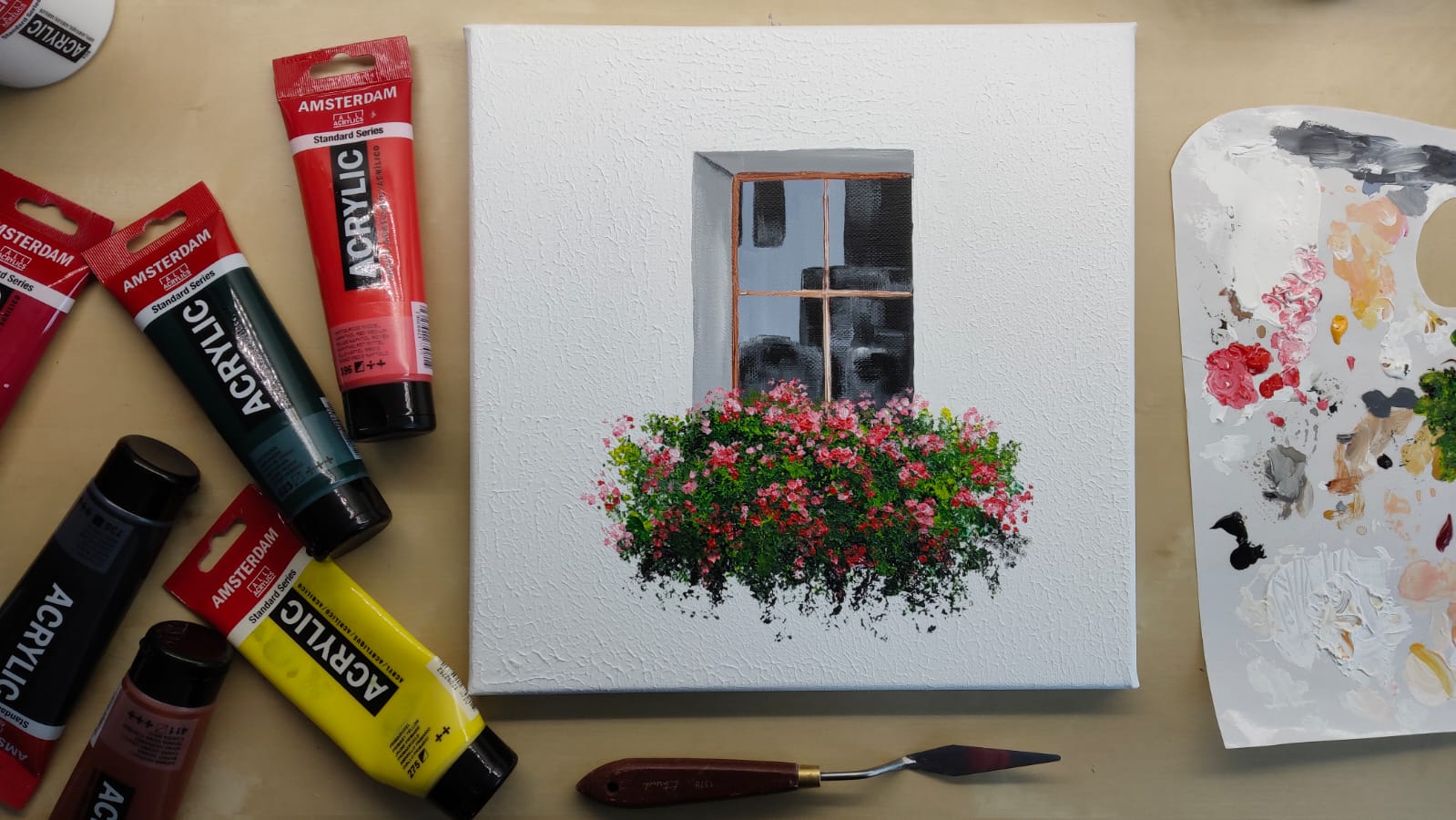 "Okno s muškáty" (30x30 cm)