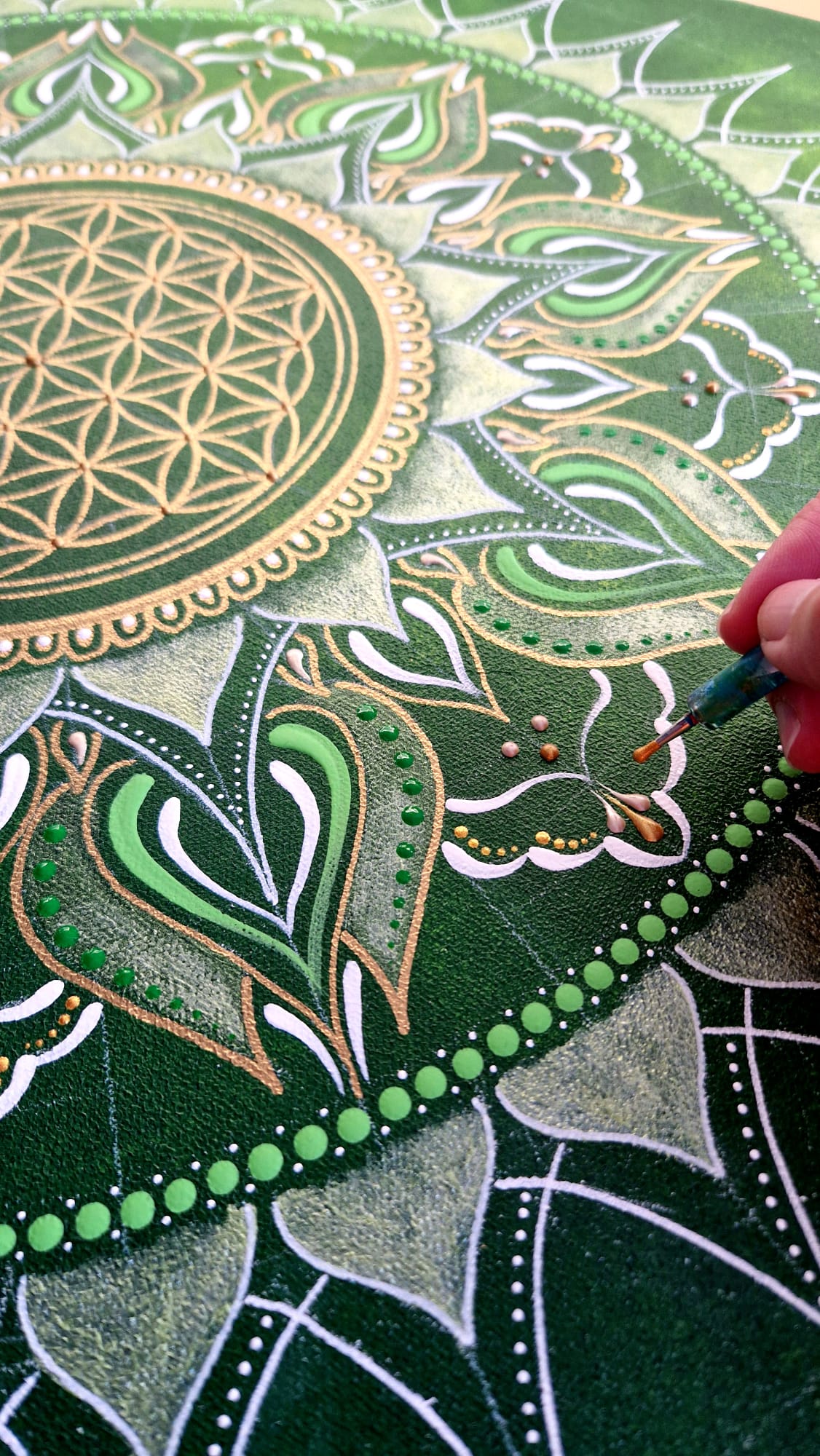 Mandala Zeleno-Zlatá "Květ života" (60x60cm)
