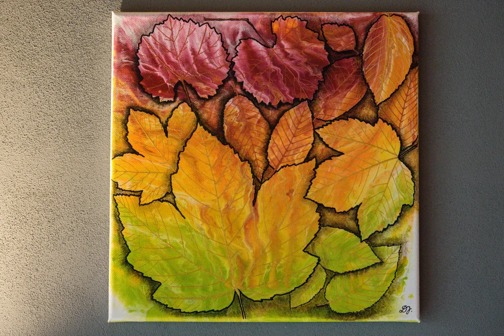"Podzimní listy"  (30x30 cm) - Abstraktní Pouring